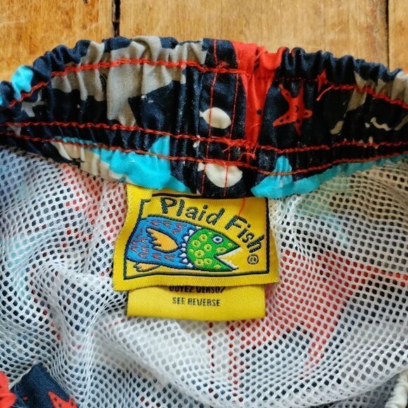 Plaid fish swim trunks boys size 24 mos sharks red white blue swimsuit summer - Picture 6 of 7